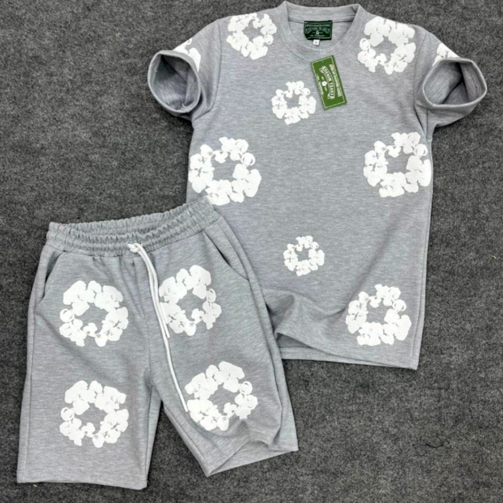 Gray two piece set features a short sleeved crew necklace and matching shorts